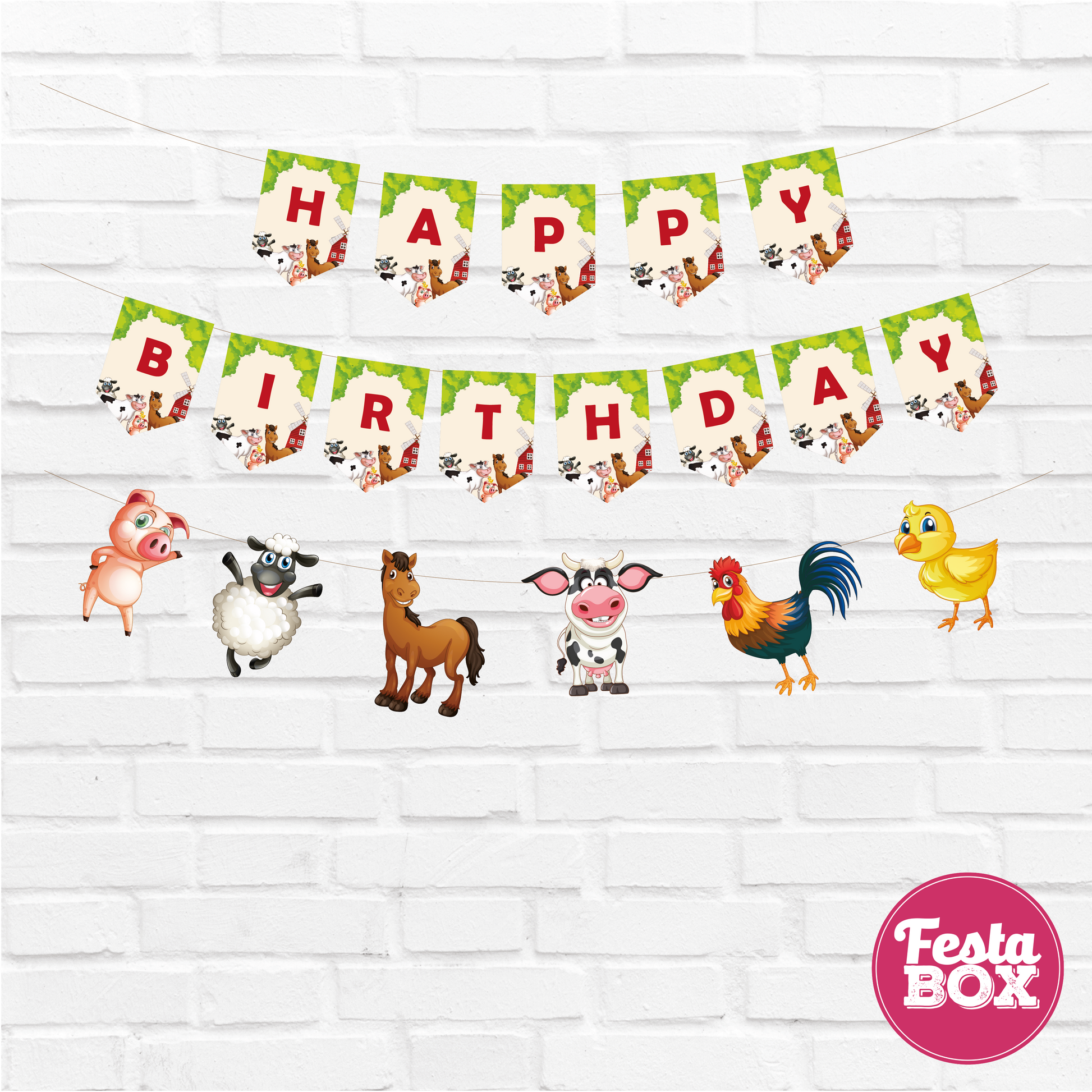 Happy birthday banner with themed cutout strings - Farm Animal Theme by Festabox - Option 1