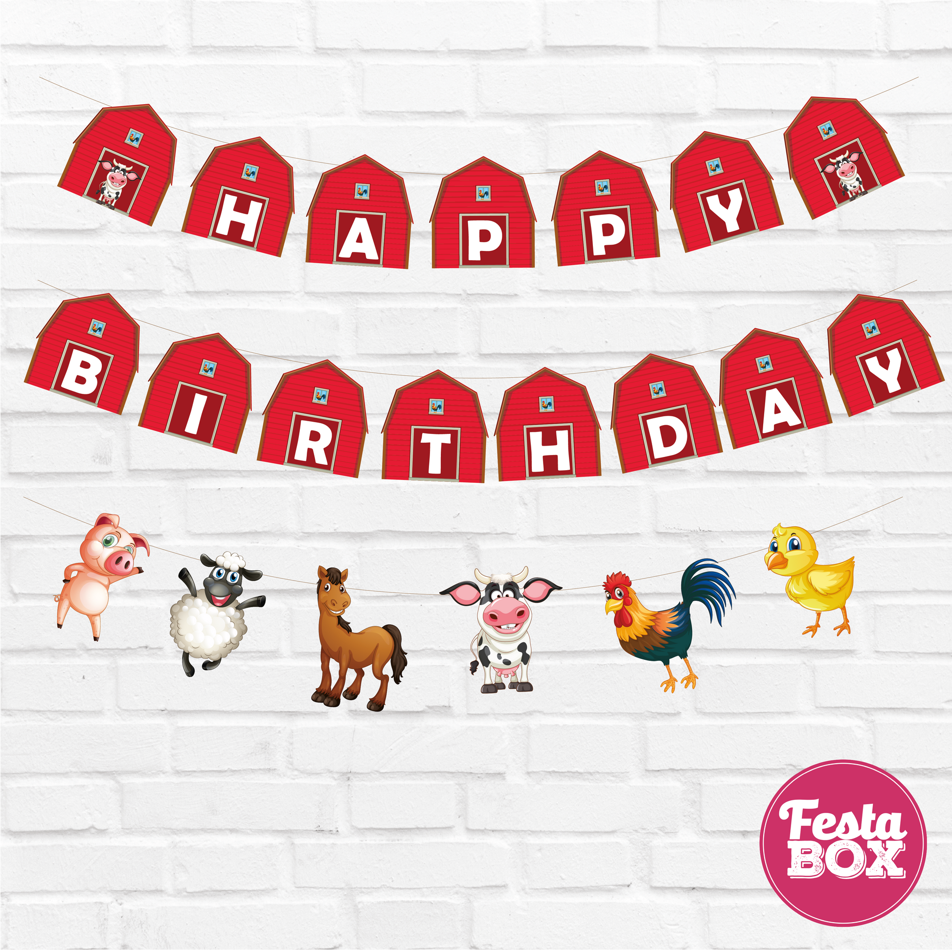 Happy birthday banner with themed cutout strings - Farm Animals Theme by Festabox - Option 2