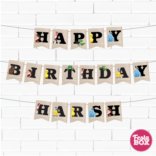 Happy birthday banner with name - Book Theme Option 1