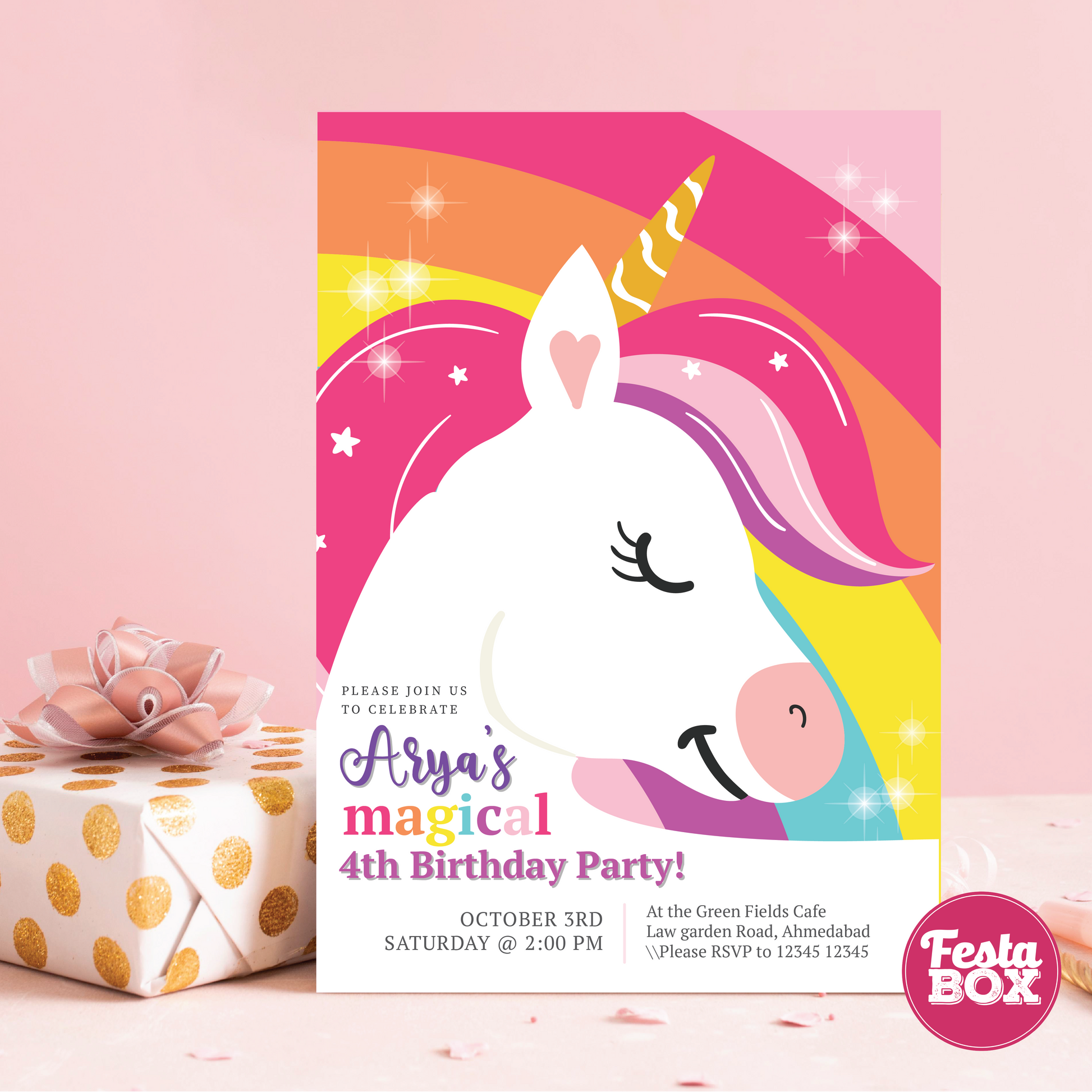 Birthday Invitation under the Unicorn Theme by Festabox for Birthday Party Decorations
