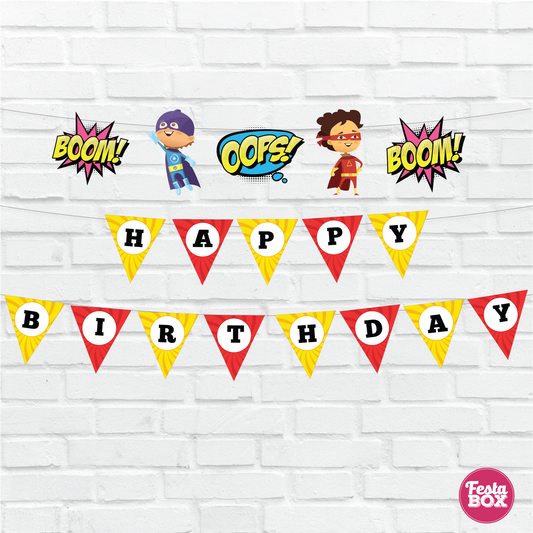 Happy birthday banner with themed cutout strings - Superhero Theme - Option 2