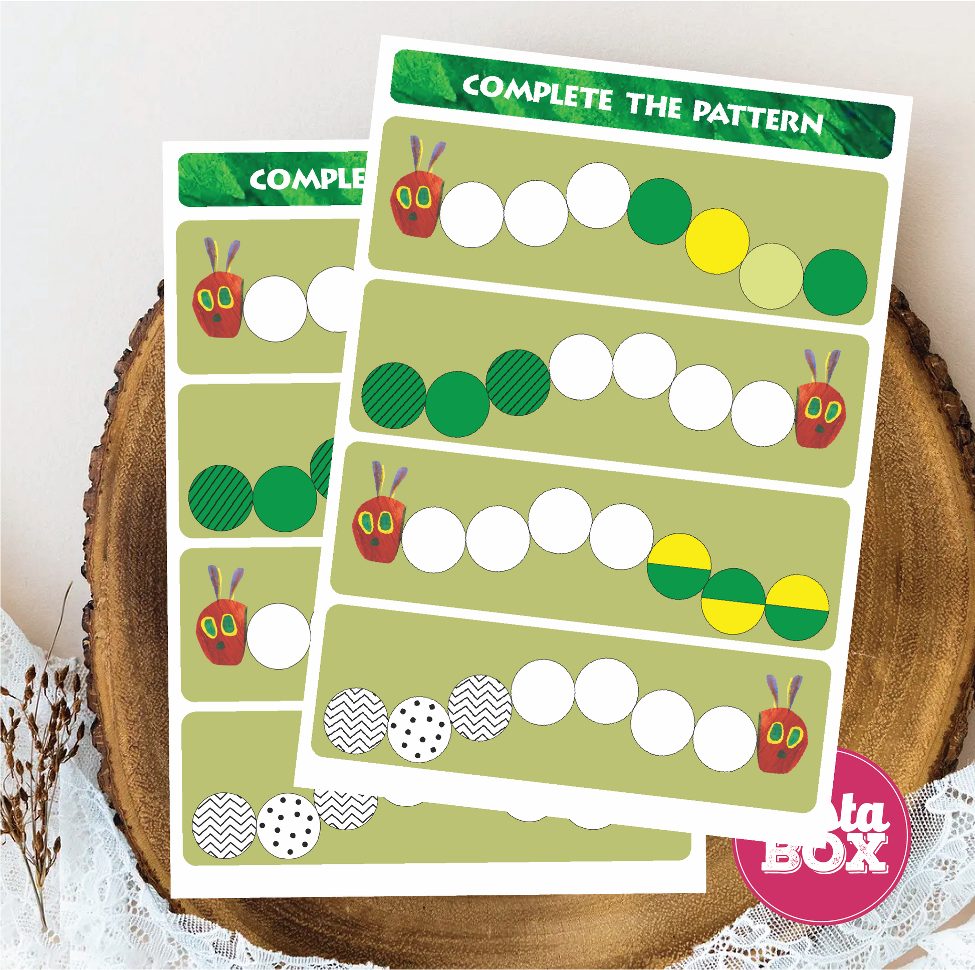 Birthday Activities Game - Complete the Pattern - The Very Hungry Caterpillar Theme (Set of 6)