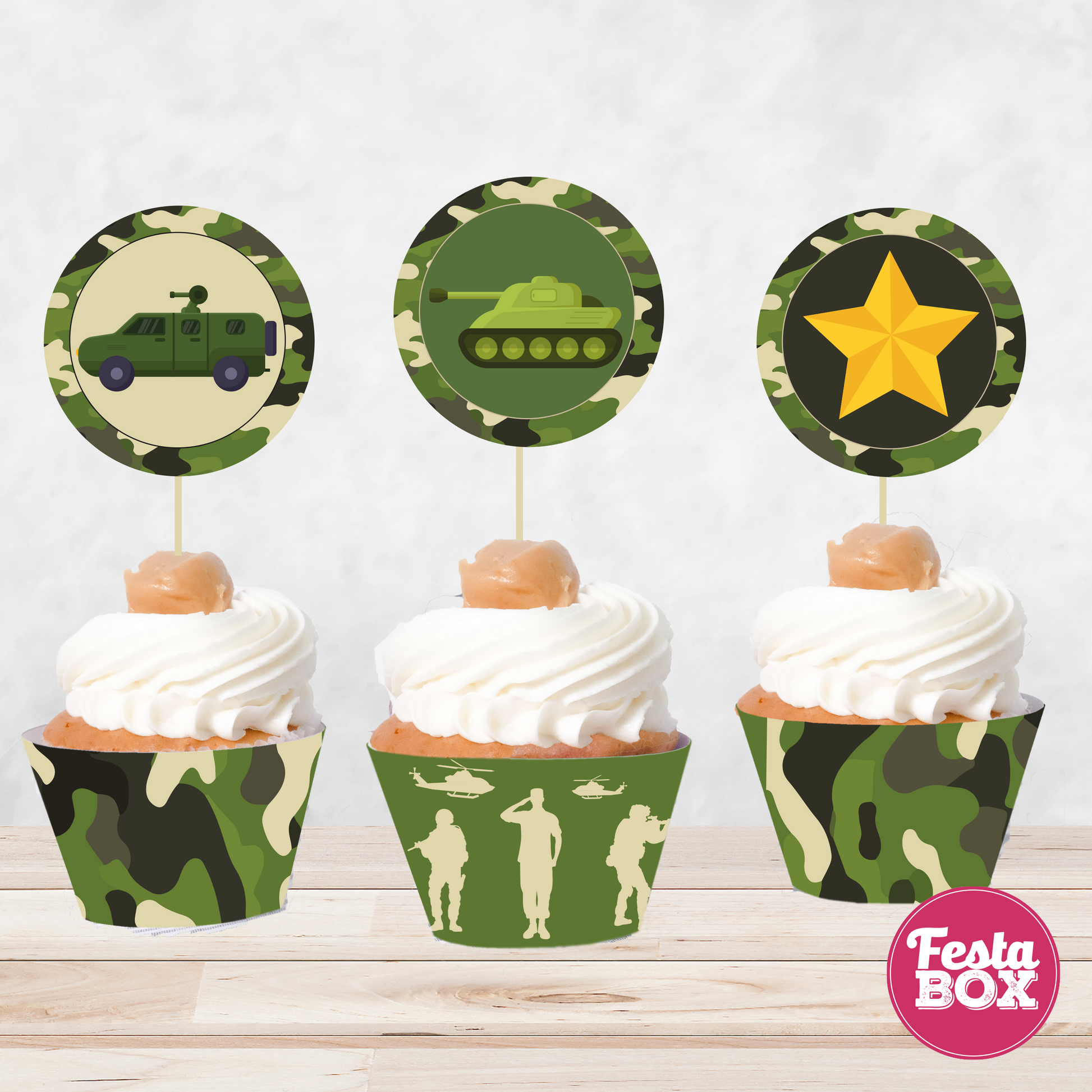 Cupcake toppers and wrappers for Birthday Party Decoration - Army Theme - Assorted
