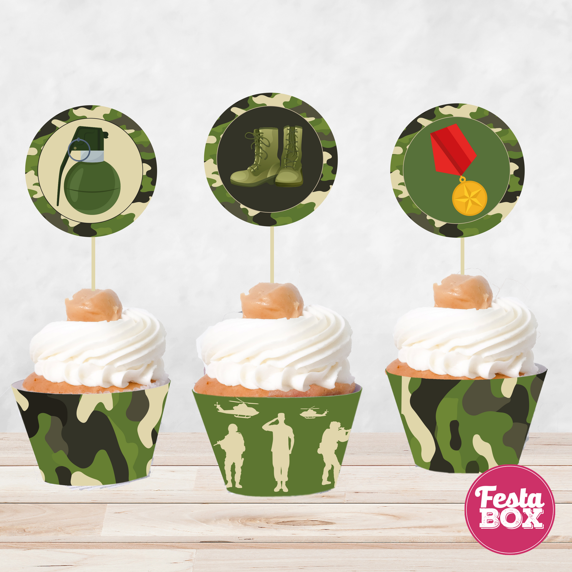 Cupcake toppers and wrappers for Birthday Party Decoration - Army Theme - Assorted