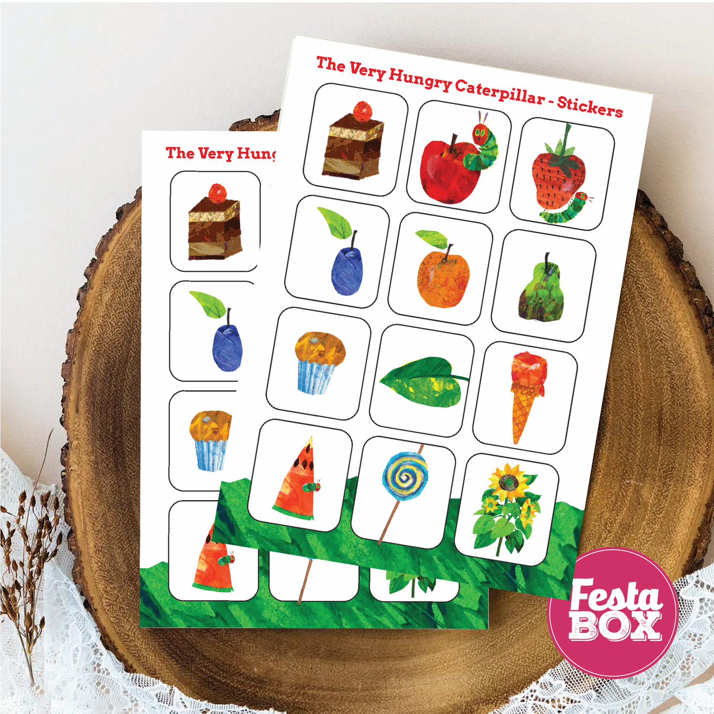 Birthday Activities Game - Sticker Sheets - The Very Hungry Caterpillar Theme by Festabox (Set of 6)