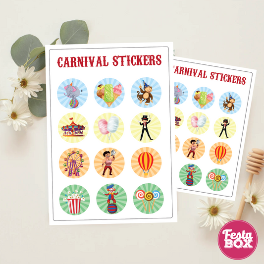 Birthday Activities Game - Sticker Sheets - Carnival Theme by Festabox (Set of 6)