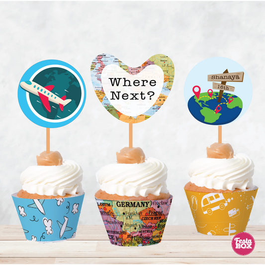 Cupcake Wrappers and toppers for Birthday Party Decoration - Travel Theme (Set of 6) - Assorted