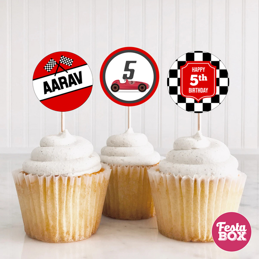 Cupcake Topper for Birthday Party Decoration - Race Car Theme (Set of 6) - Assorted