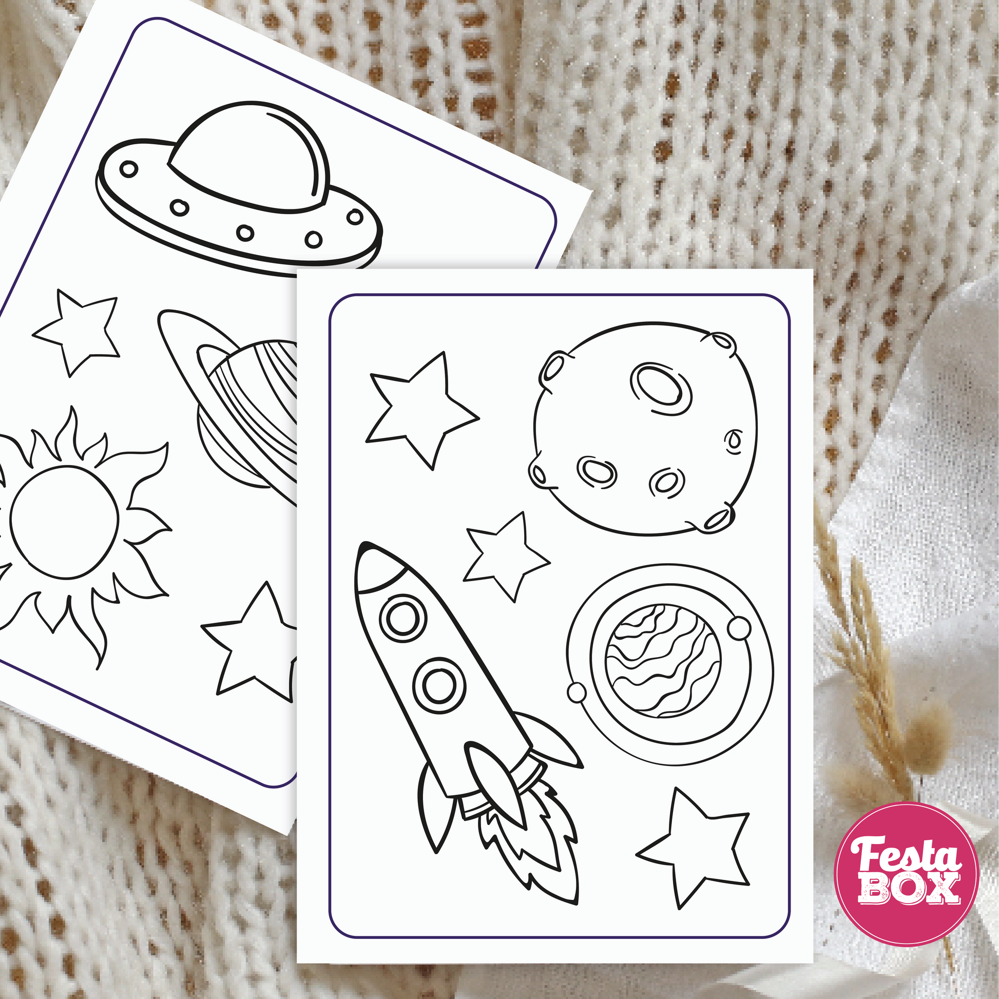 These colouring sheets are a part of the Space Theme Collection by Festabox