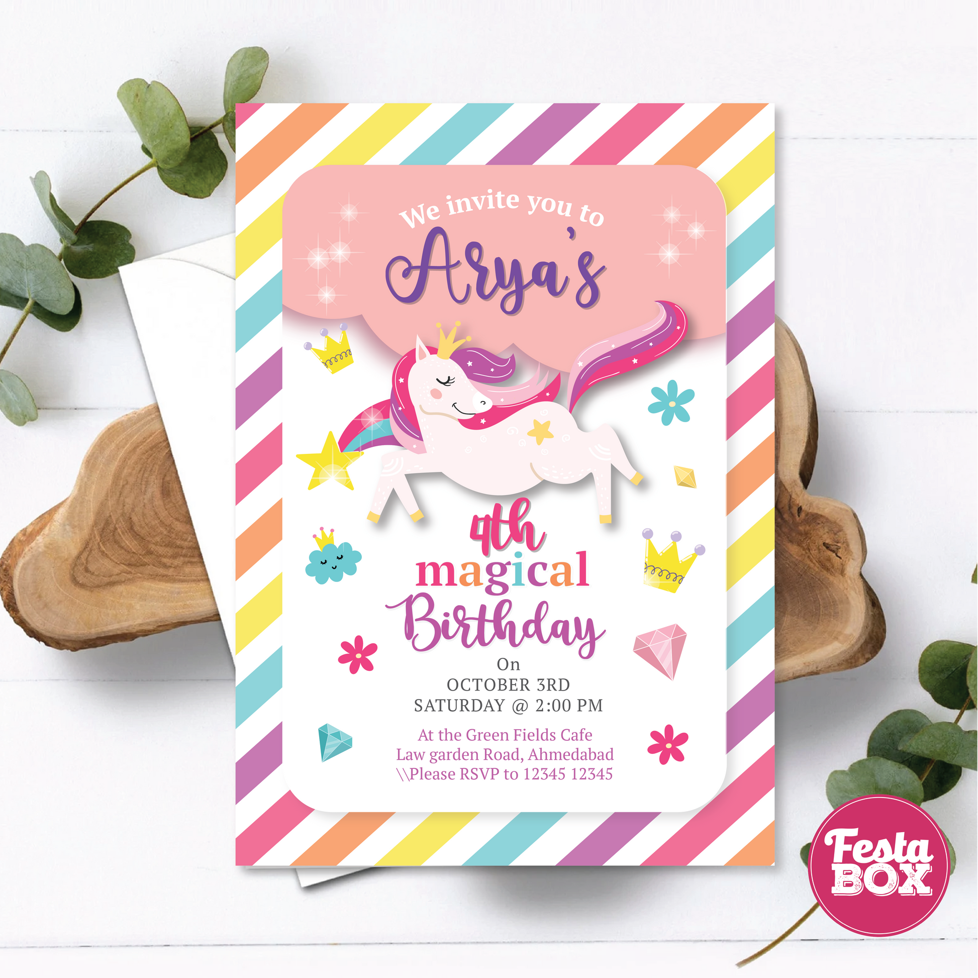 Birthday Invitation under the Unicorn Theme by Festabox for Birthday Party Decorations