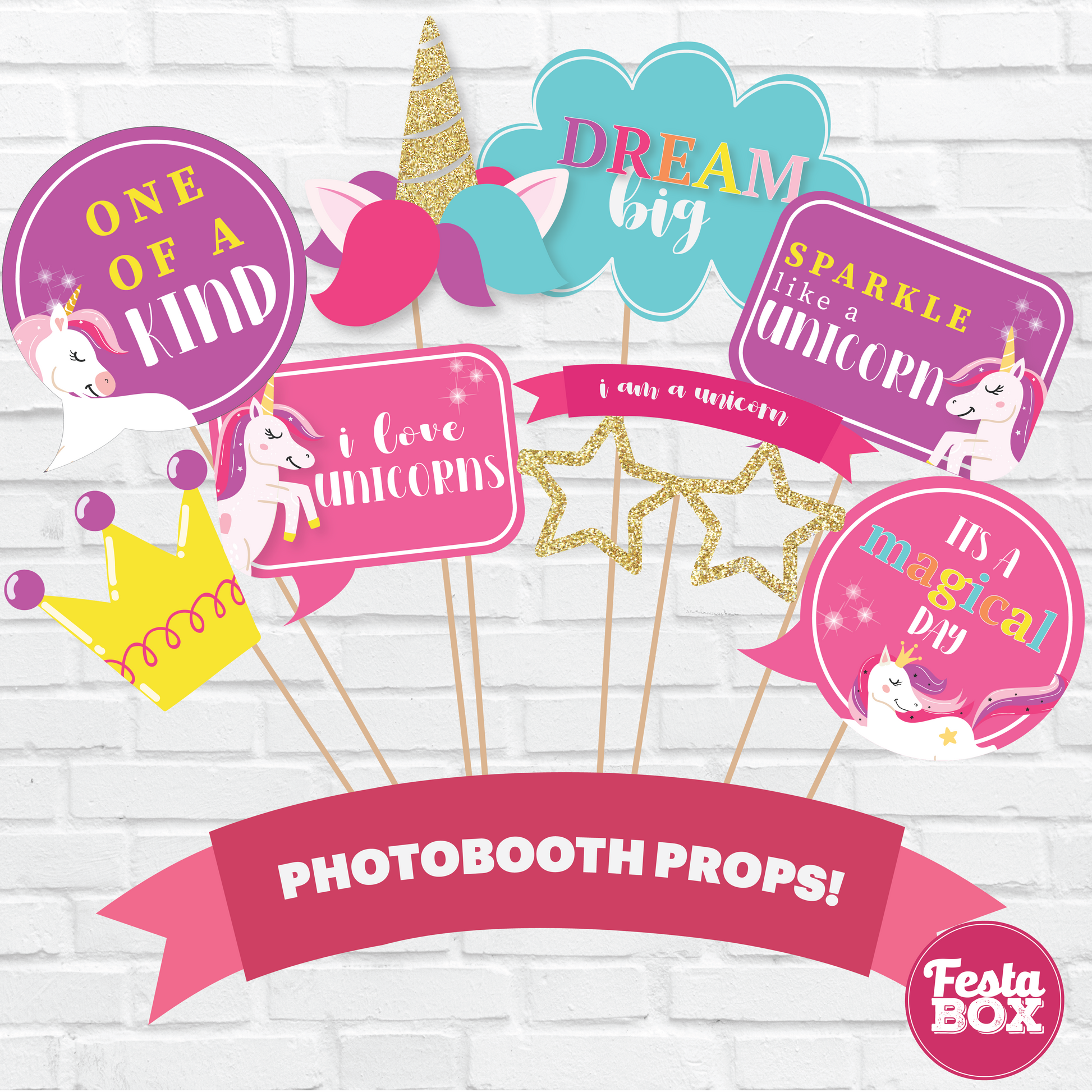 These party props are a part of the Unicorn Theme Collection by Festabox. 