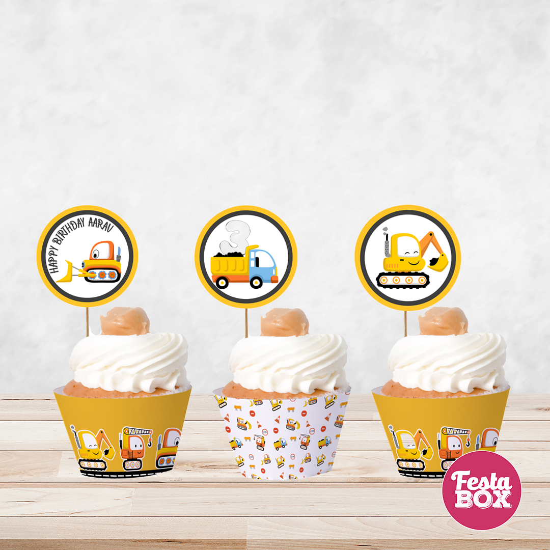 Cupcake Wrappers for Birthday Party Decoration - Construction Theme by Festabox (Set of 6)